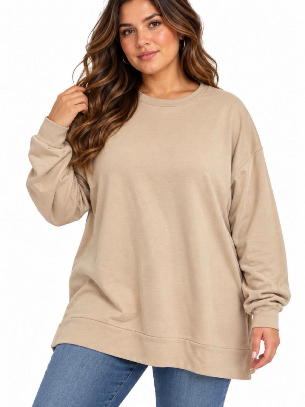 OSHOPLIVE Beige Oversized Long Sleeve Crew‎ Neck Sweatshirt Tan Small NEW